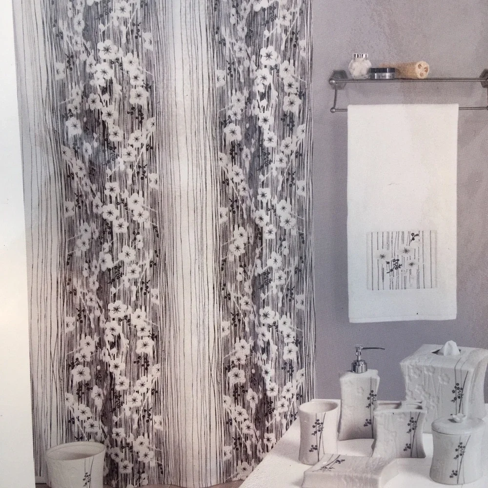 Floral Shower Curtain Black White Blossoms 72” x 72” Creative Bath Products New